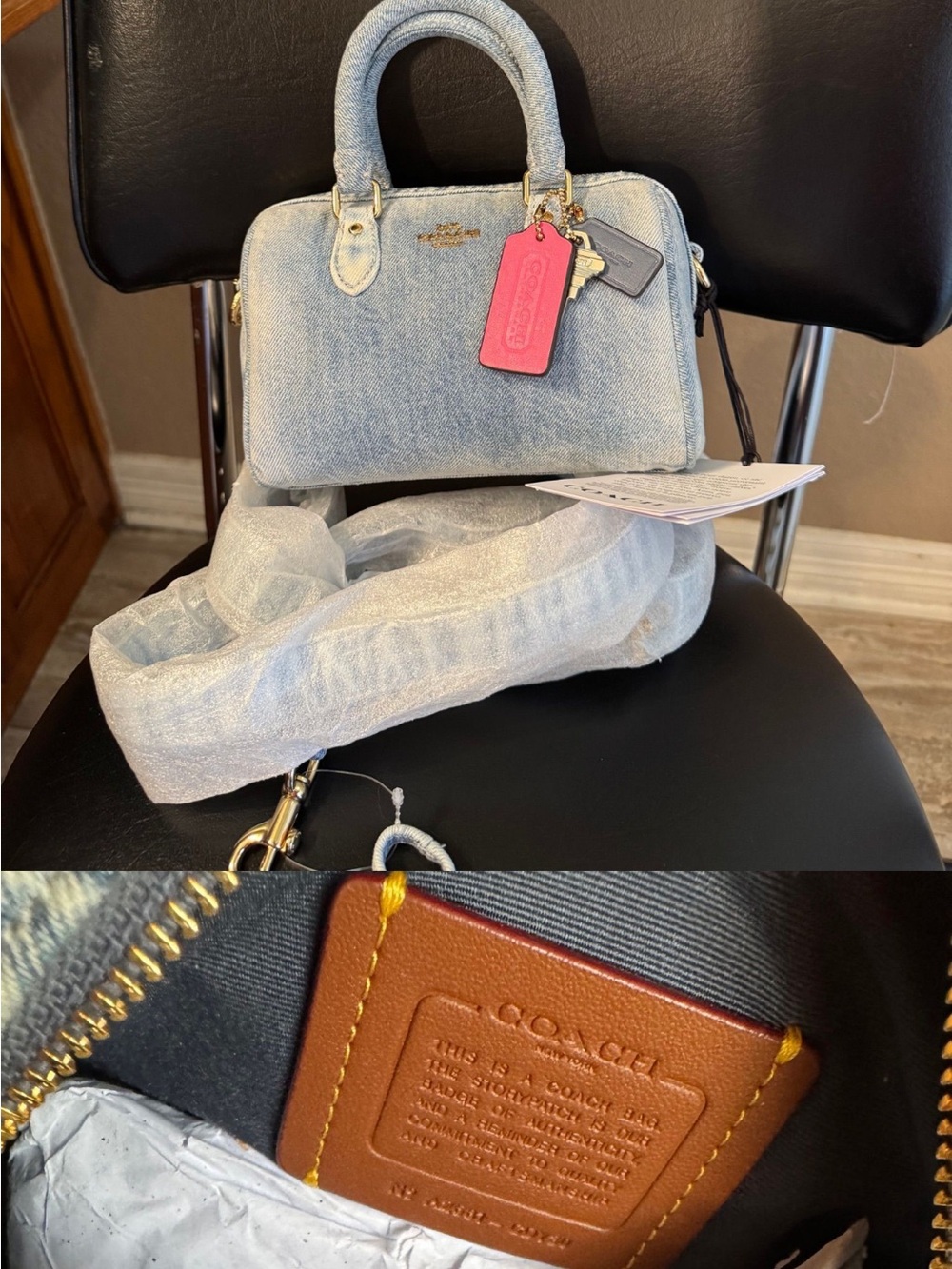 Authentic Coach Loved Denim Mini Rowan Crossbody Bag In Loved Denim w/charms - Picture 6 of 7